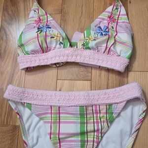 Candie's Pink Green Plaid Bikini with Floral Embroidery
